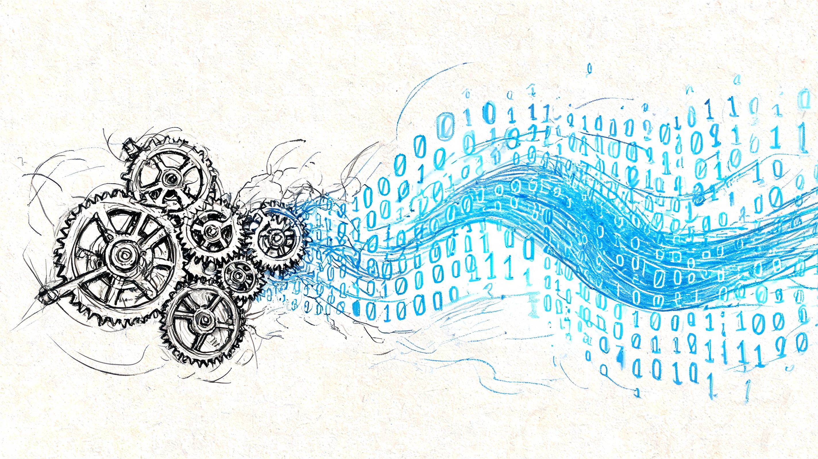 A artistic sketch of mechanical gears transforming into a stream of flowing blue binary computer code digits.