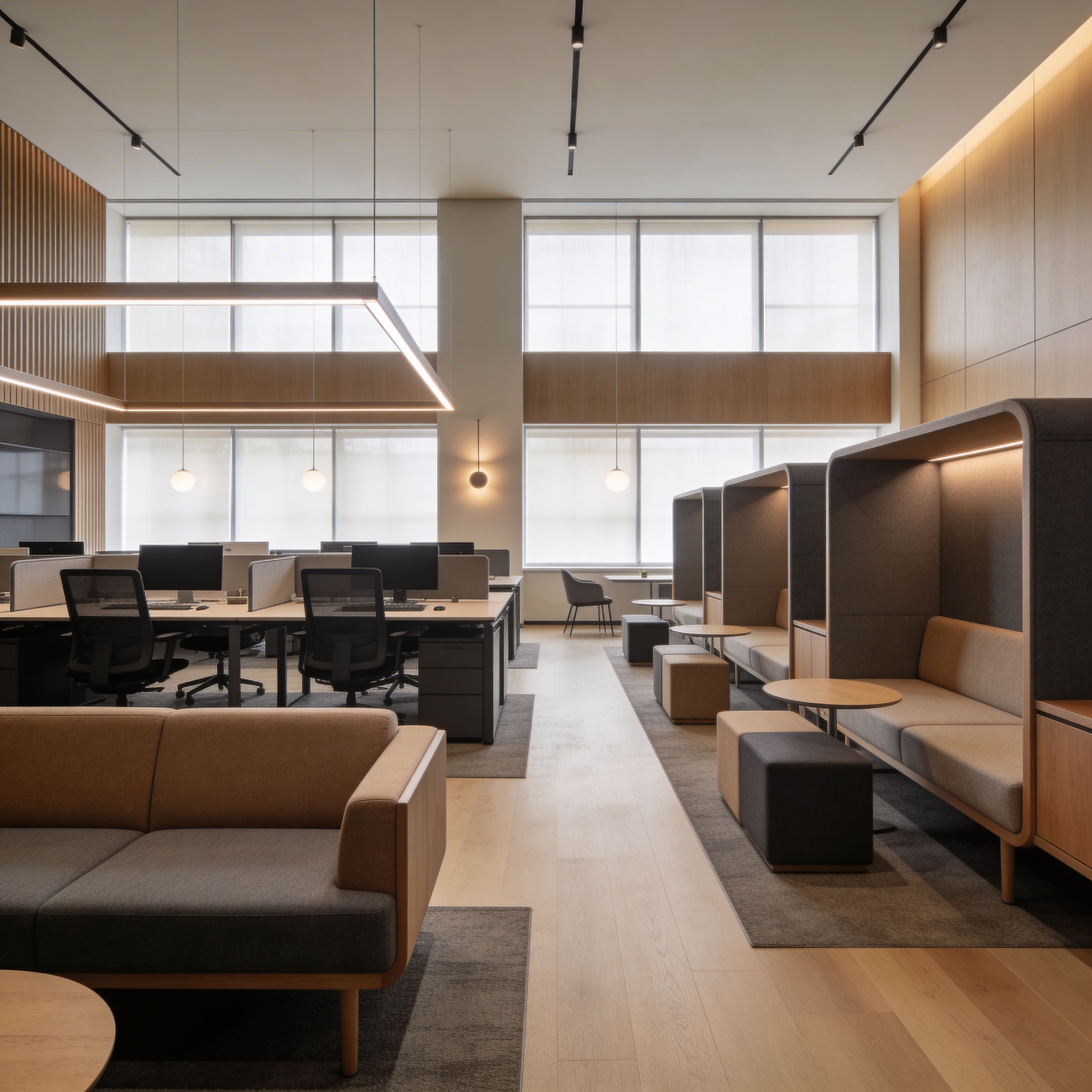 Modern open-plan office with collaborative seating booths, workstations, and warm wood interior design