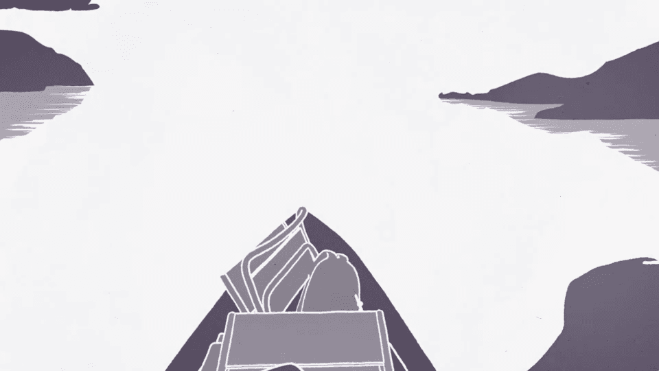 Animated canoe loaded with gear moving through a quiet lake surrounded by rocky shores