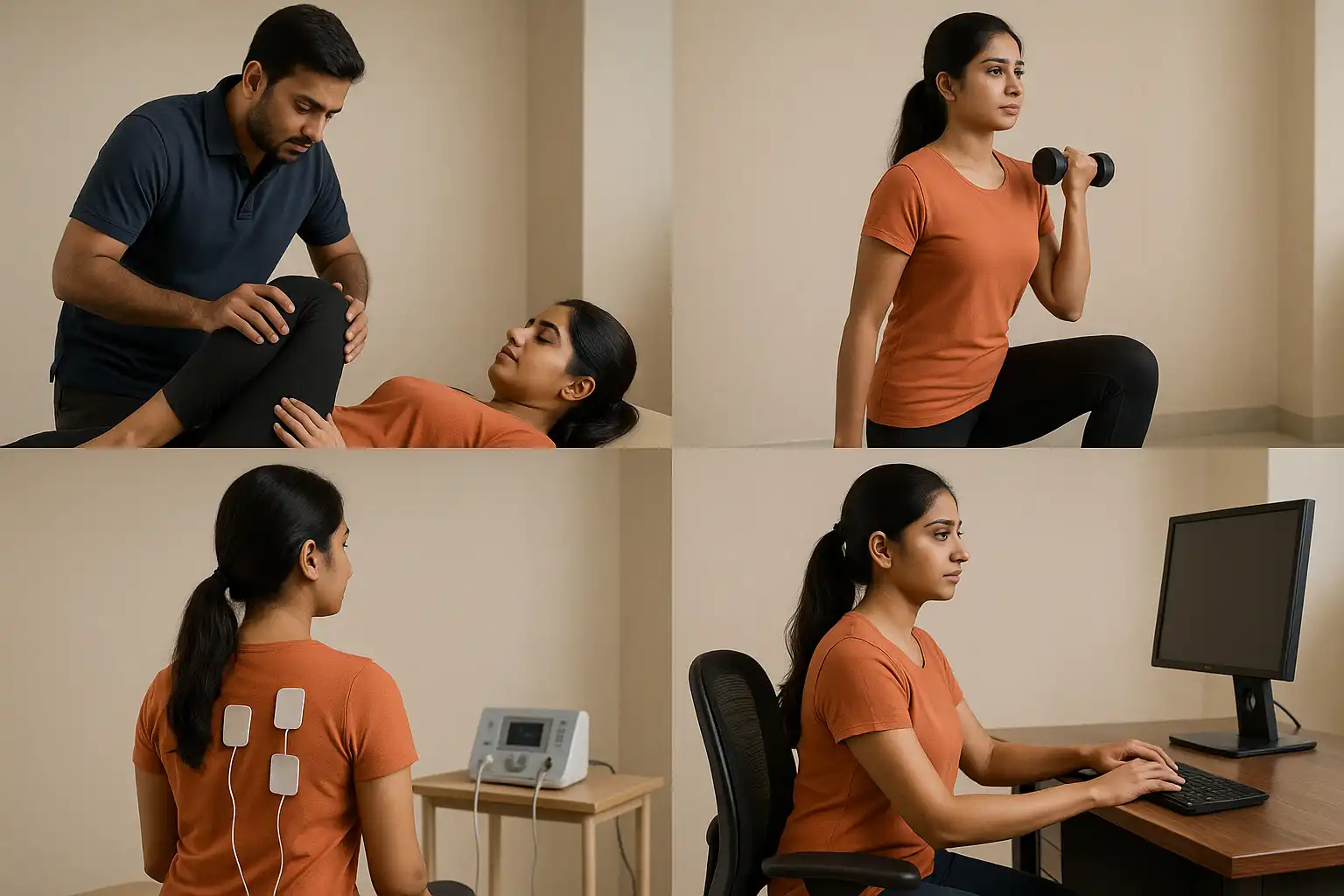 Physiotherapy treatment sequence showing knee assessment, strength training, electrotherapy, and ergonomic posture training.