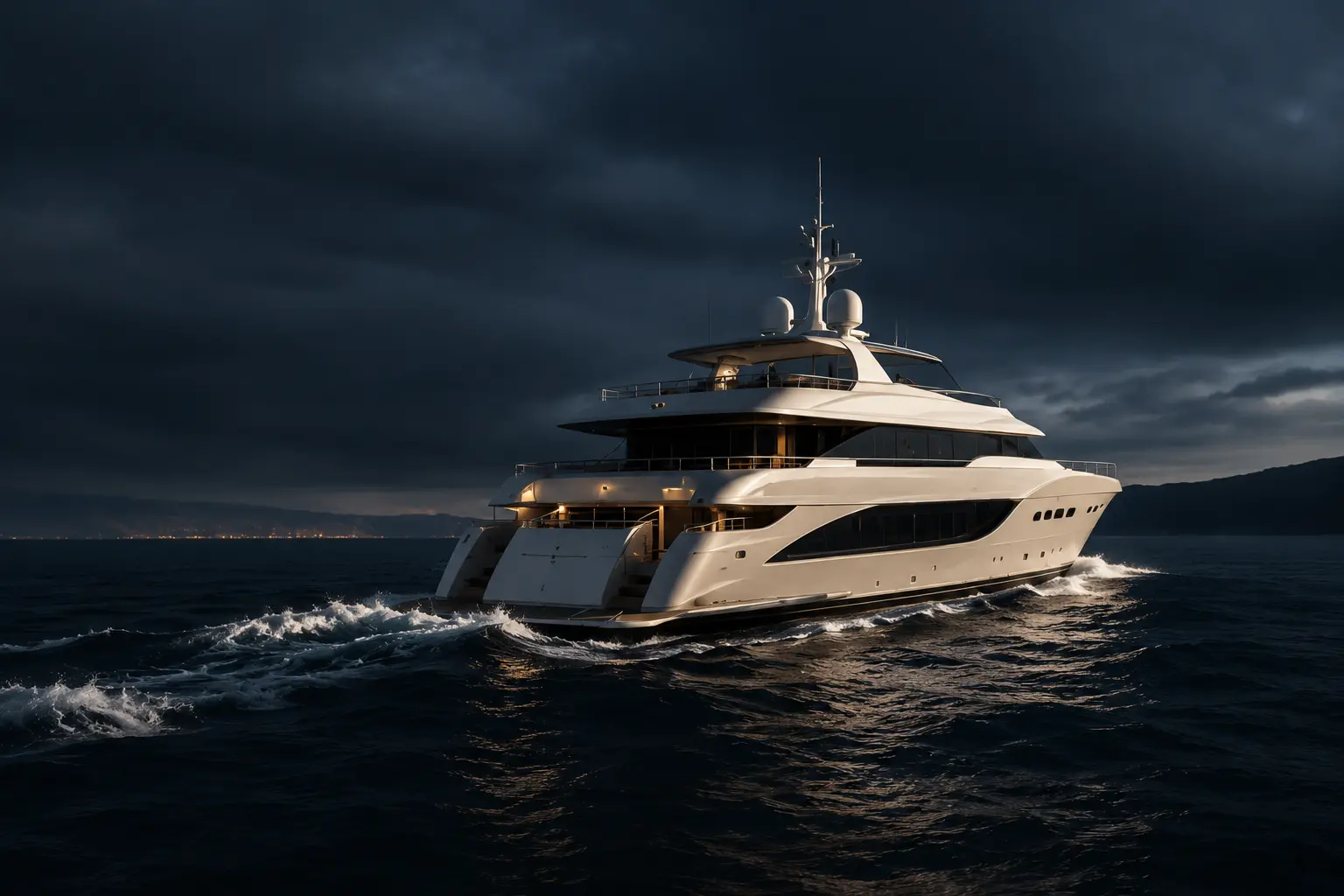 Yacht de luxe naviguant de nuit, illustrant les services photo et vidéo drone SEMA disponibles toute l’année.