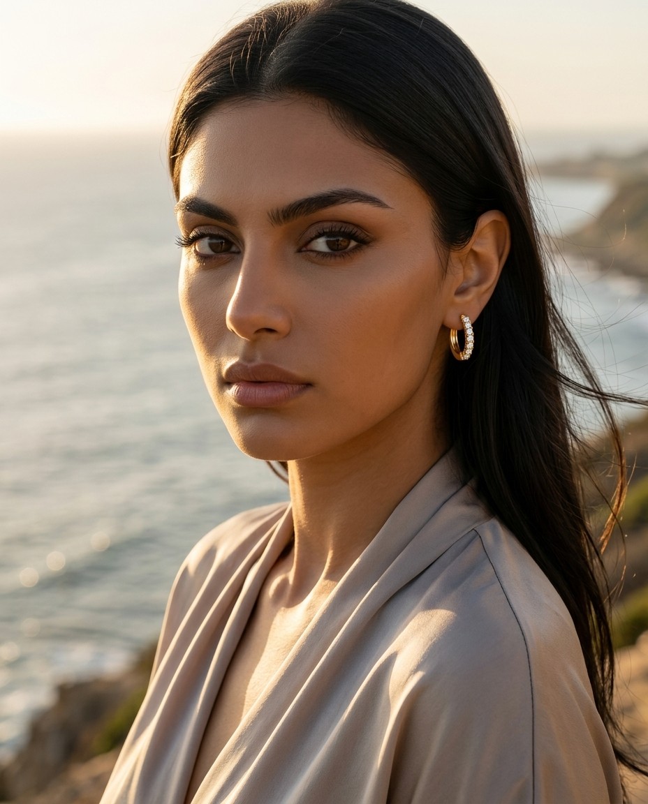 Layla Al-Masri AI model wearing gold huggie hoop earring, coastal golden hour editorial, relaxed luxury campaign, Gemzy AI jewelry studio