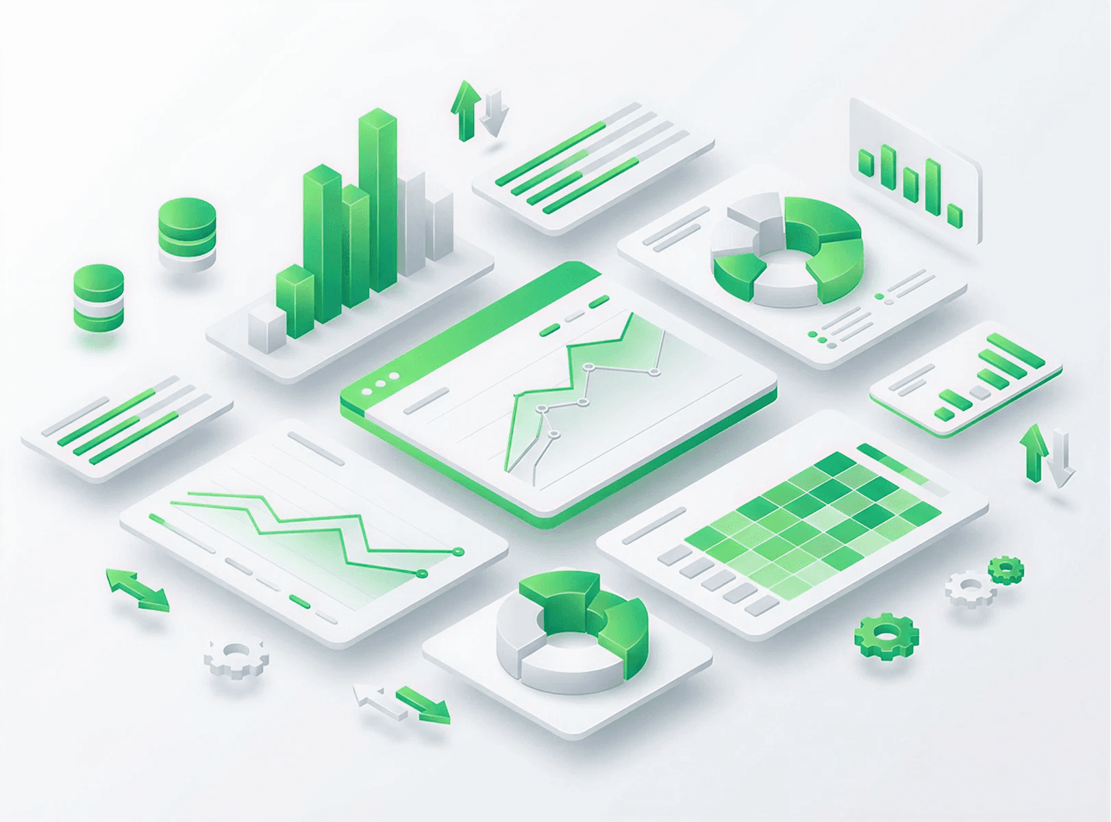 An isometric illustration of various data visualizations, including bar charts