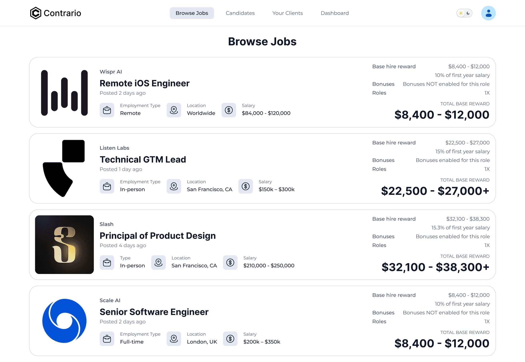 Contrario Browse Jobs dashboard showing engineering and GTM roles with hire-reward payouts and salary bands