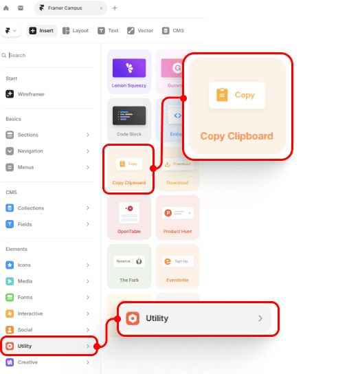 Emplacement du composant Copy Clipboard dans le menu Utility de Framer