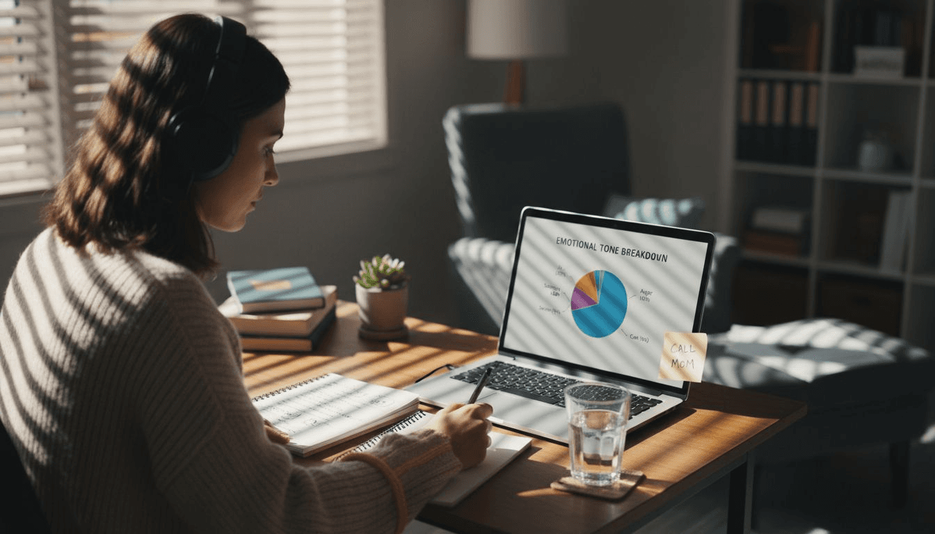 Woman reviewing emotional AI coaching dashboard