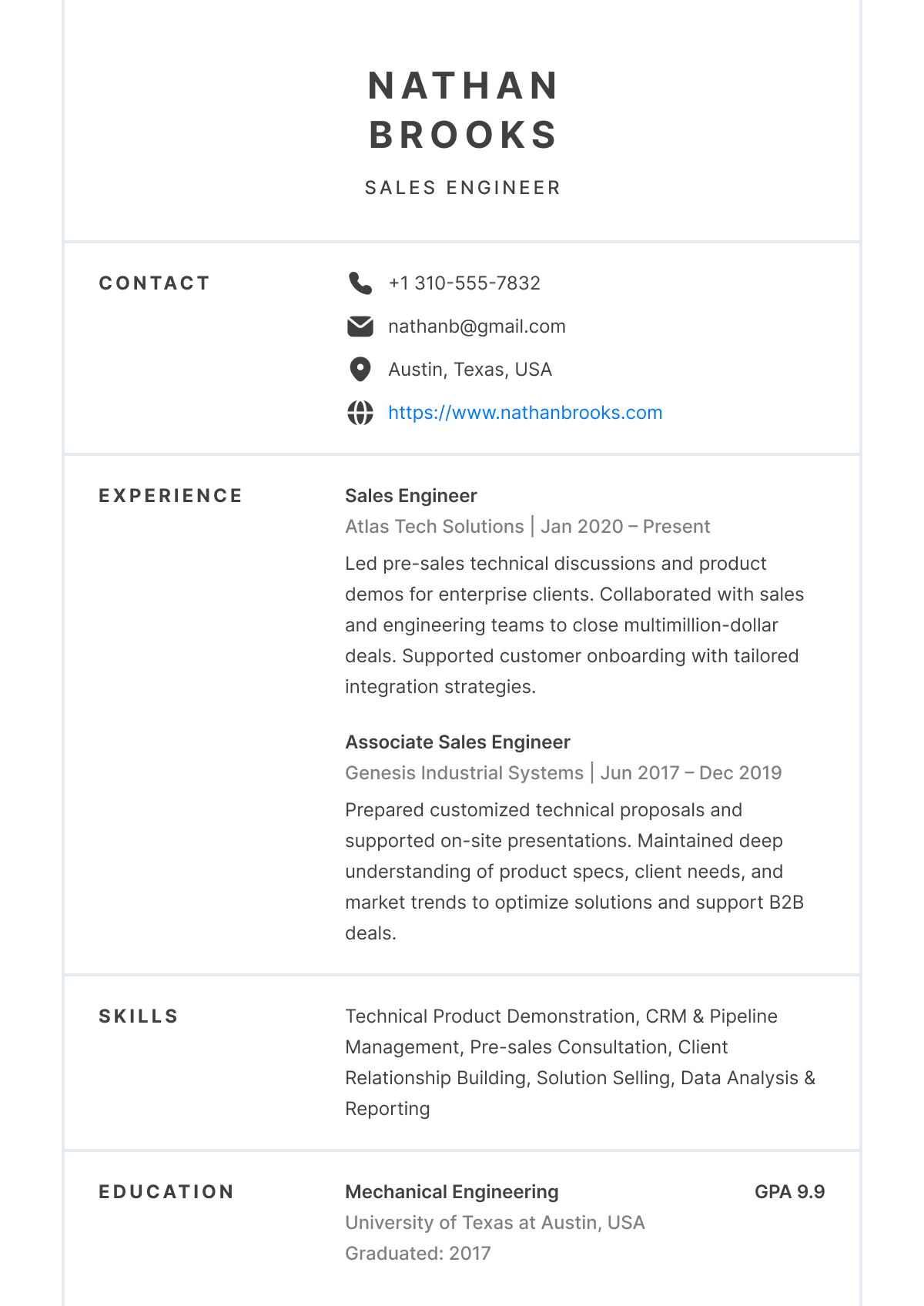 esume preview of [Template Name] layout, includes summary, experience, education, and skills sections