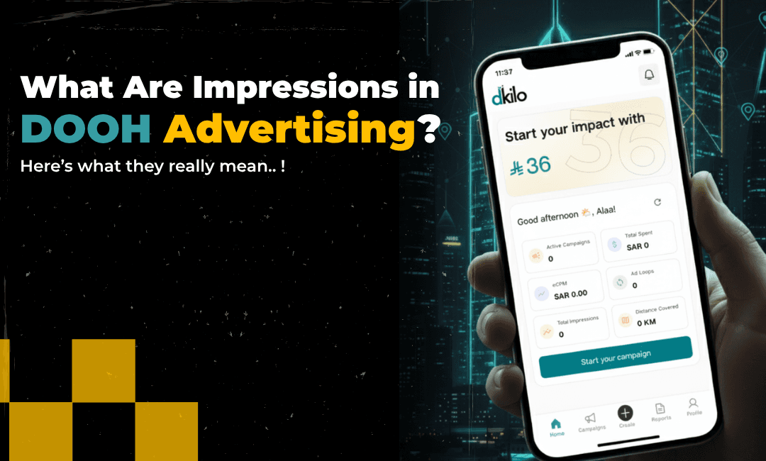 Smartphone displaying dKilo’s DOOH advertising dashboard explaining impressions and real-time campaign metrics.