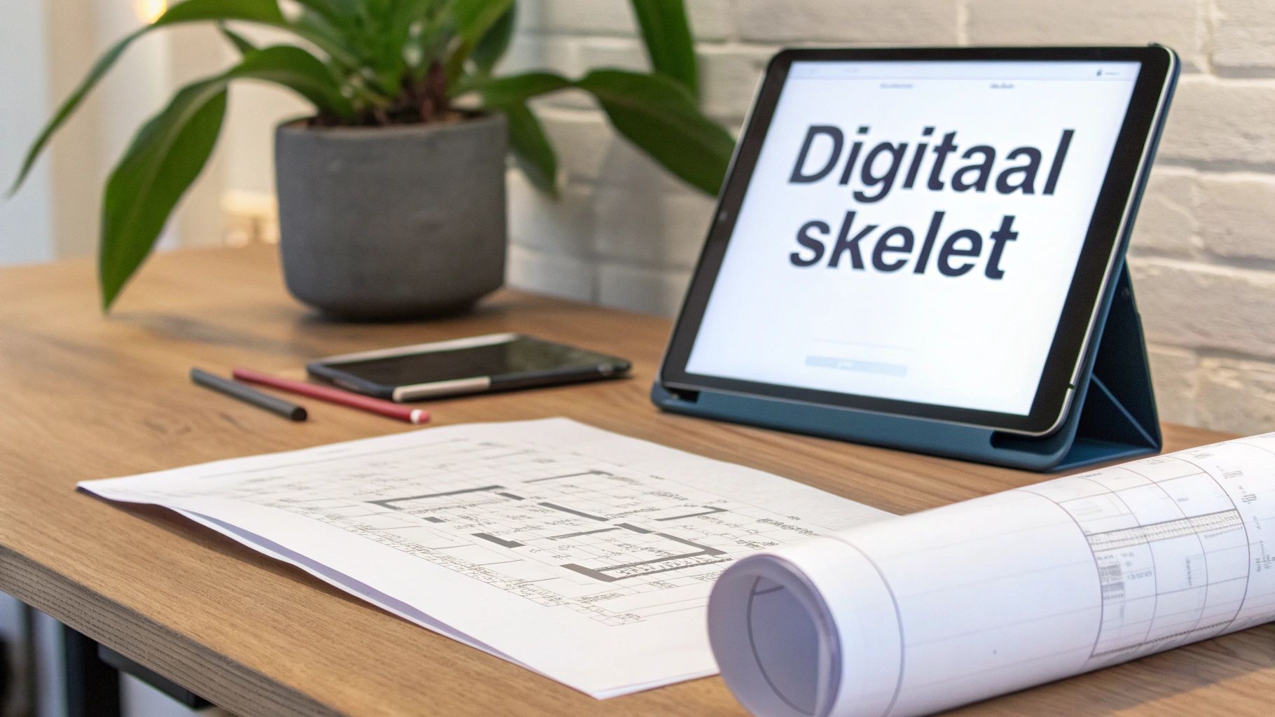 Een bureau met een tablet die 'Digitaal skelet' toont, bouwplannen, pennen en een plant.