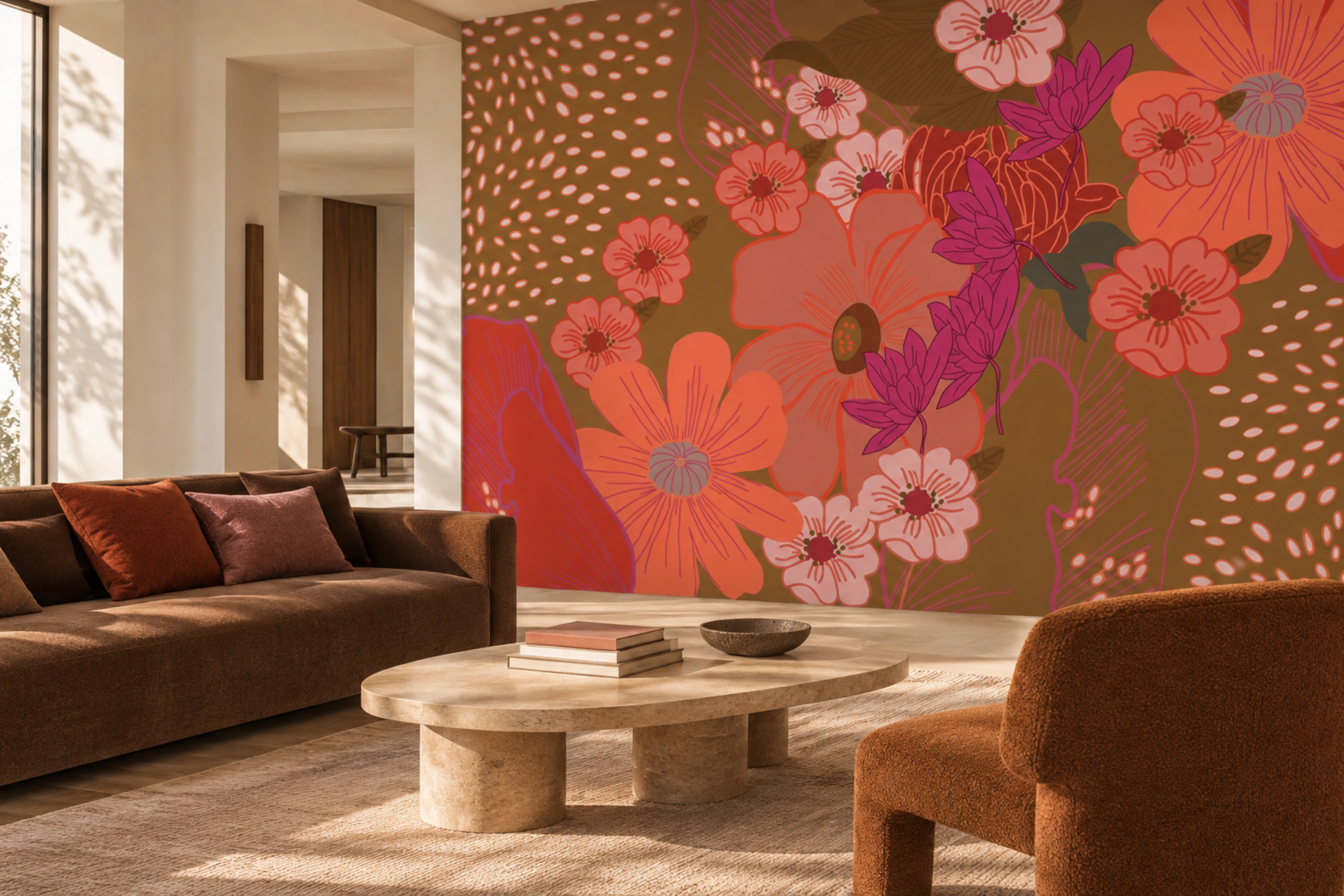 Œuvre murale graphique à motifs colorés dans un intérieur
