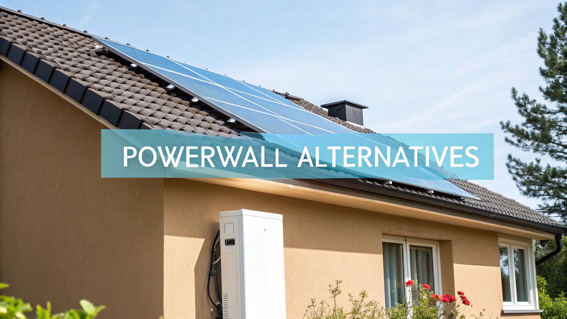 a roof with solar panels and the text 'powerwall alternatives' in the foreground