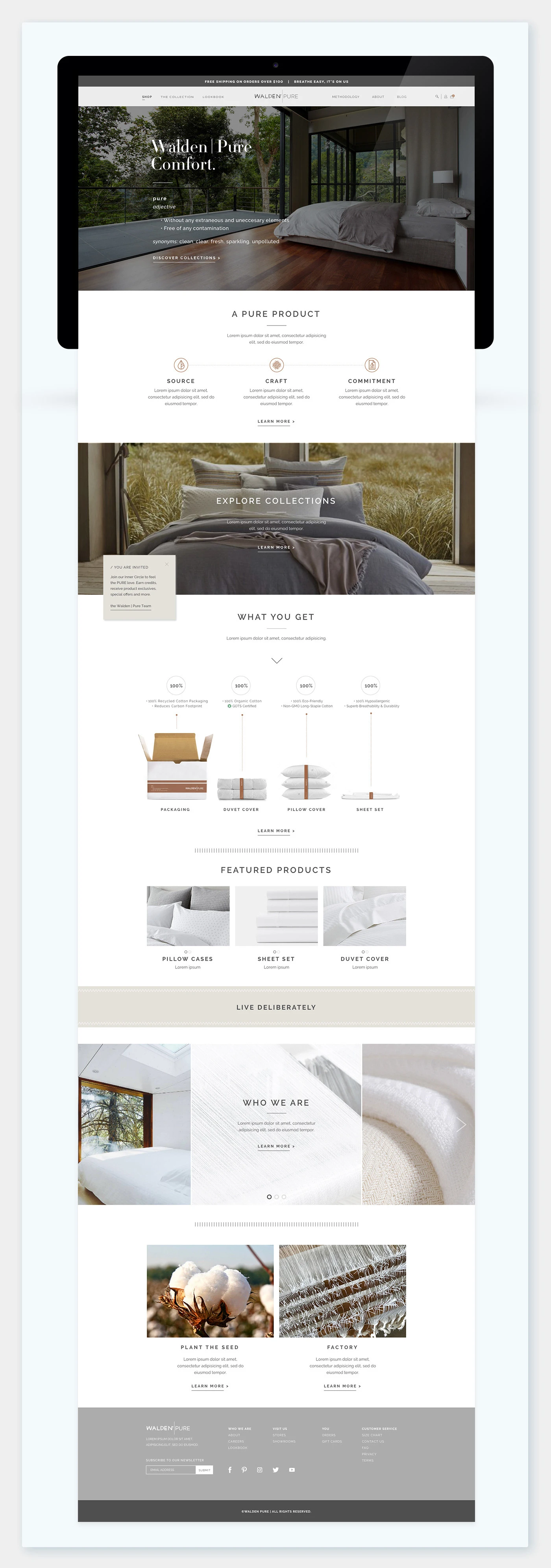 Walden Pure homepage with bedding collections, product selections, and editorial imagery.