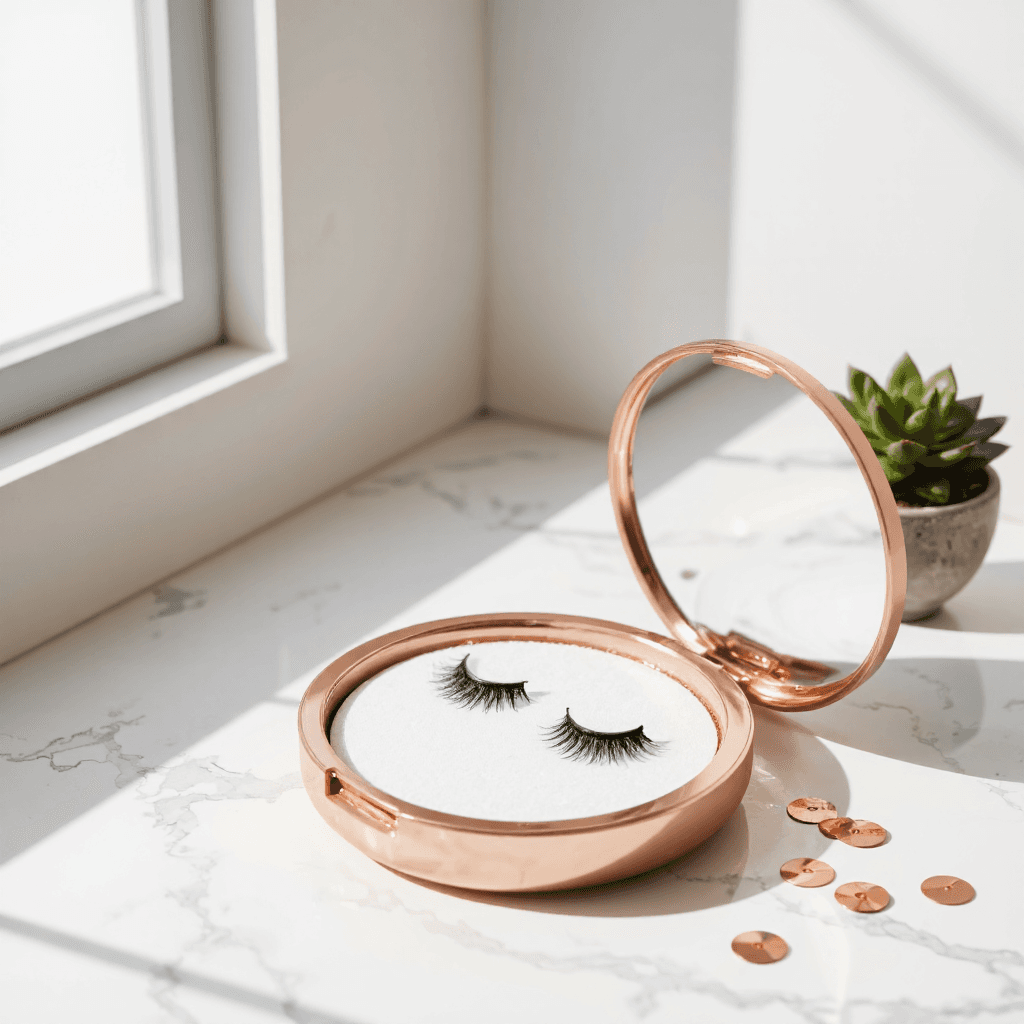 product photography of a compact case of false eyelashes