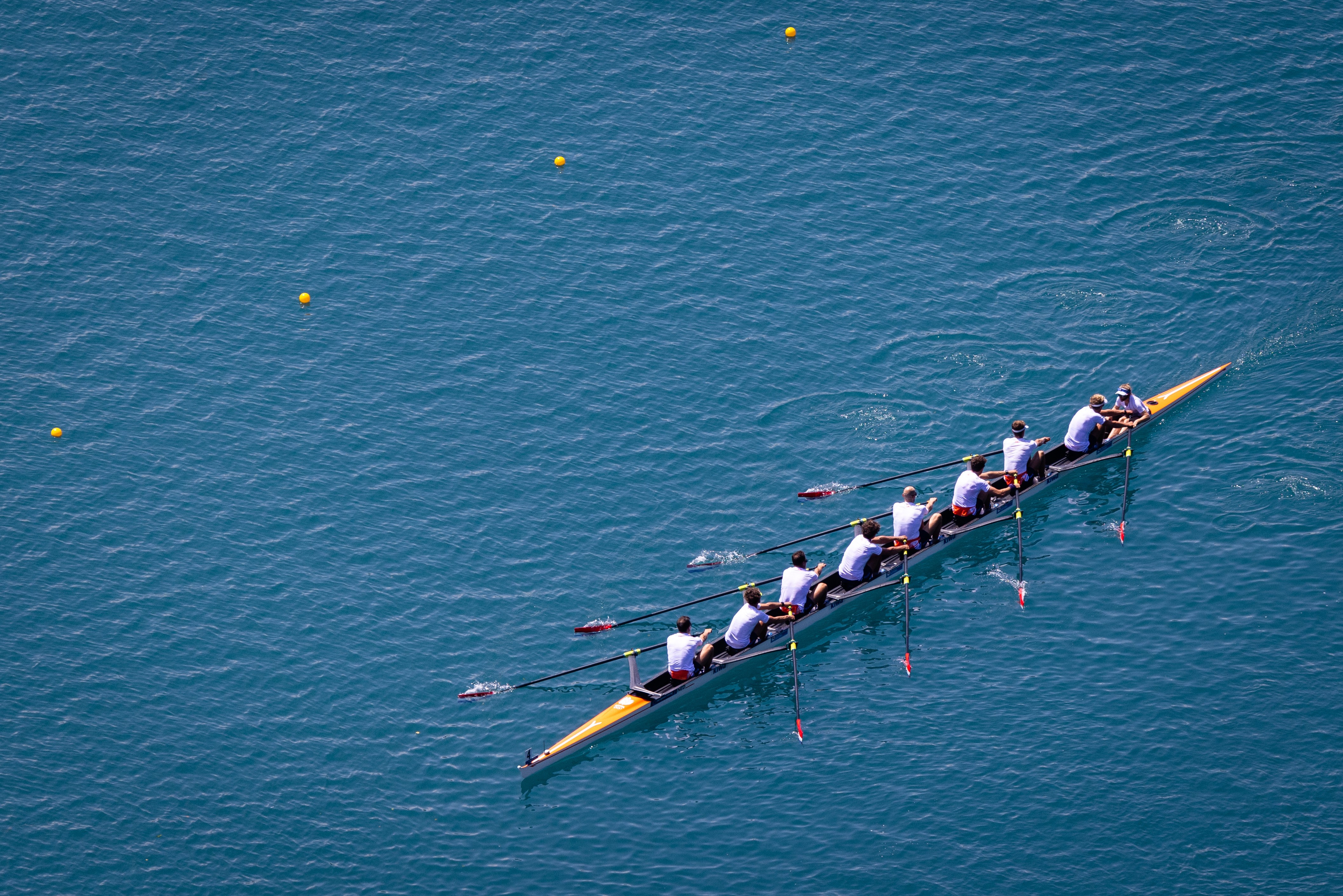 Rowing team demonstrating coordination and teamwork