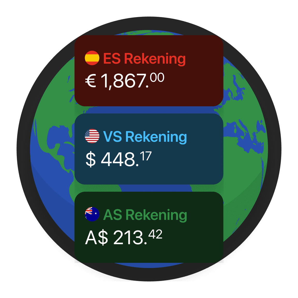Gele hand die een bunq-pas vasthoudt met wisselbedrag boven een wereldkaart.