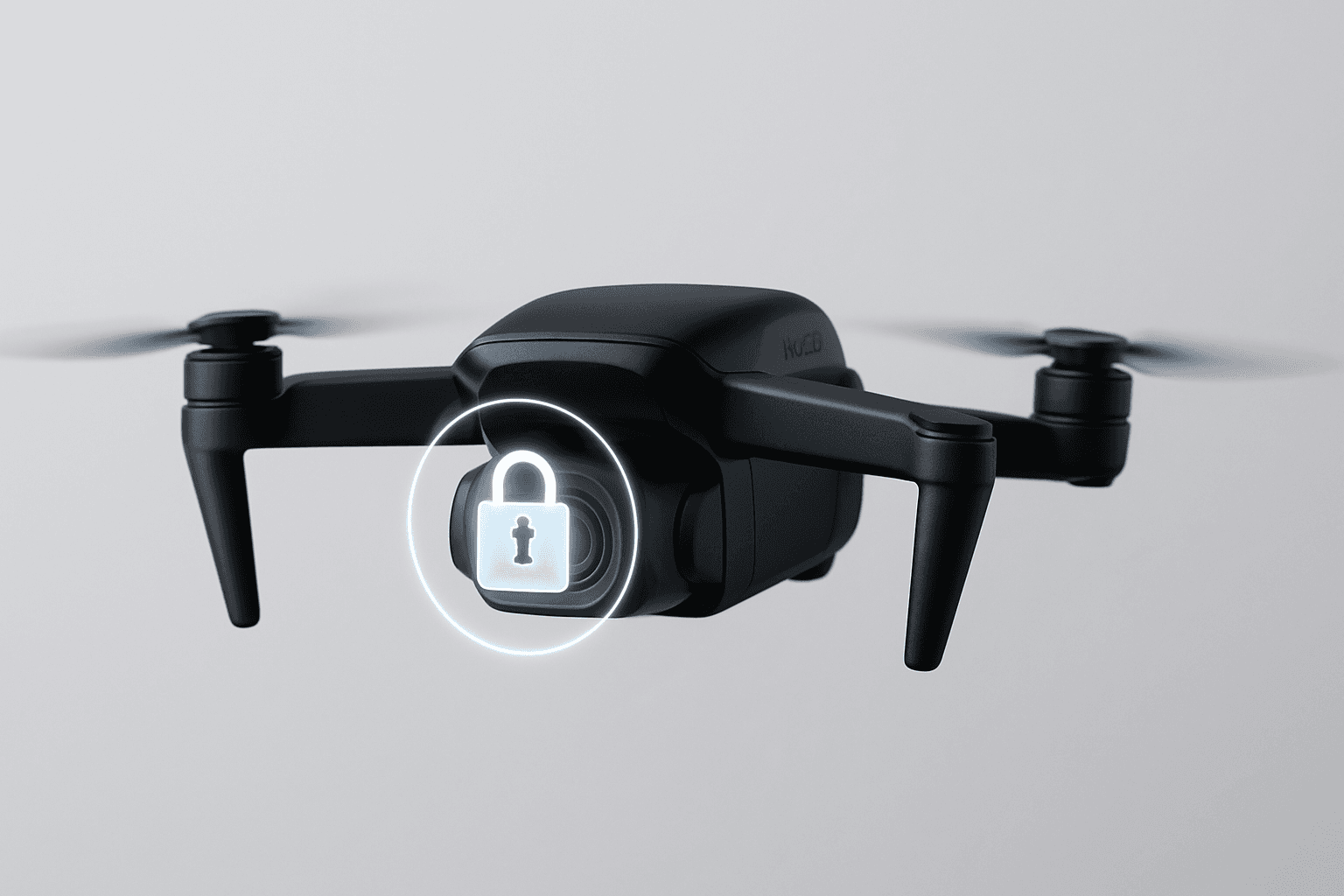 A black drone hovers in mid-air with a digital lock symbol superimposed on its camera, symbolizing enhanced security and privacy technology.