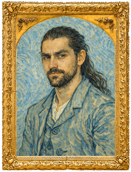 Painting of a bearded man in Van Gogh style in an ornate gold frame.