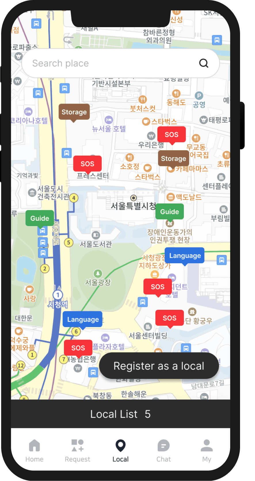 HeyLocal map view displaying service markers—Storage, SOS, Guide, Language—around Seoul City Hall, with a search bar at the top, a “Register as a local” call-to-action button, and footer showing “Local List 5.”