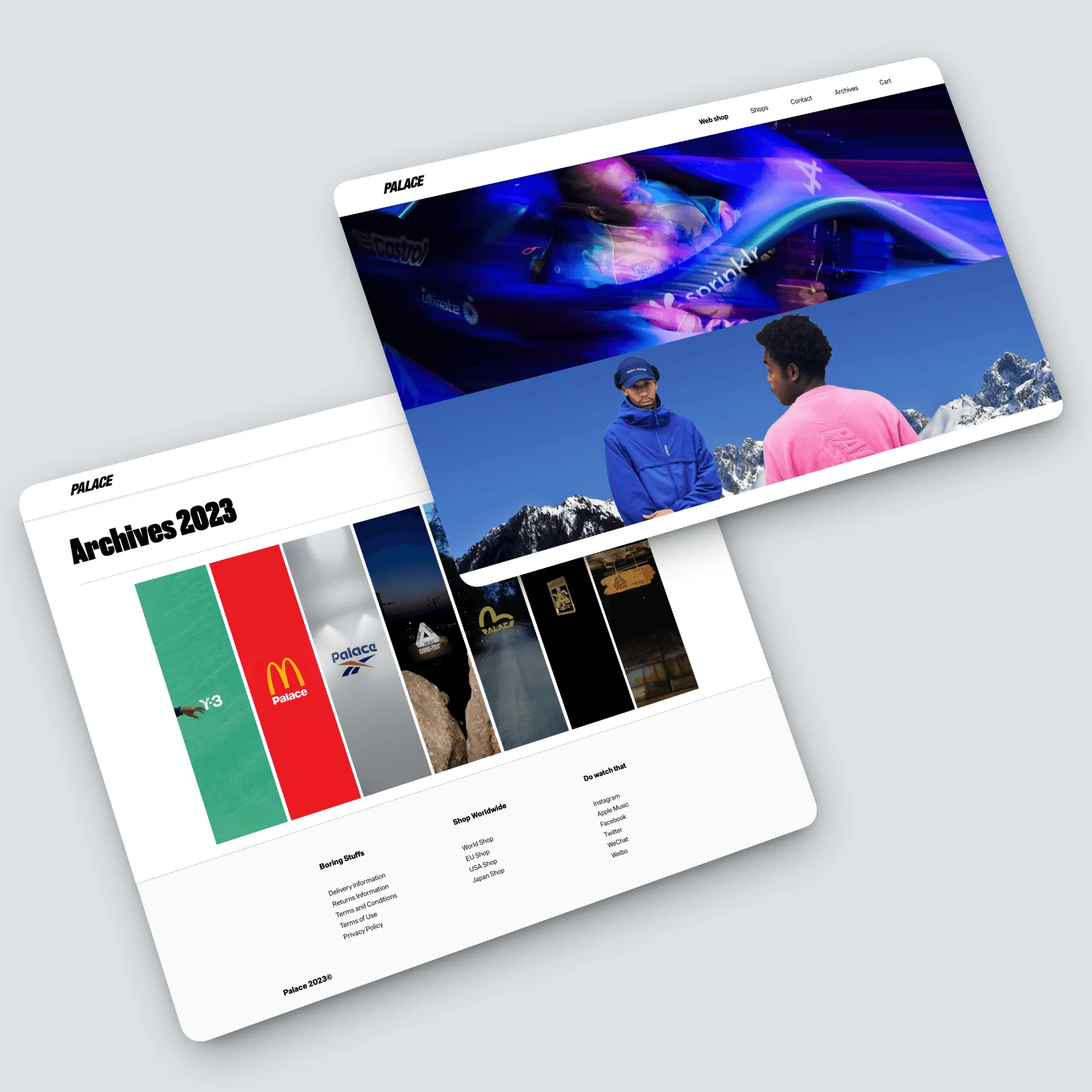 Deux pages website - En-tête vibrant avec images de collections Palace, galerie de contenus