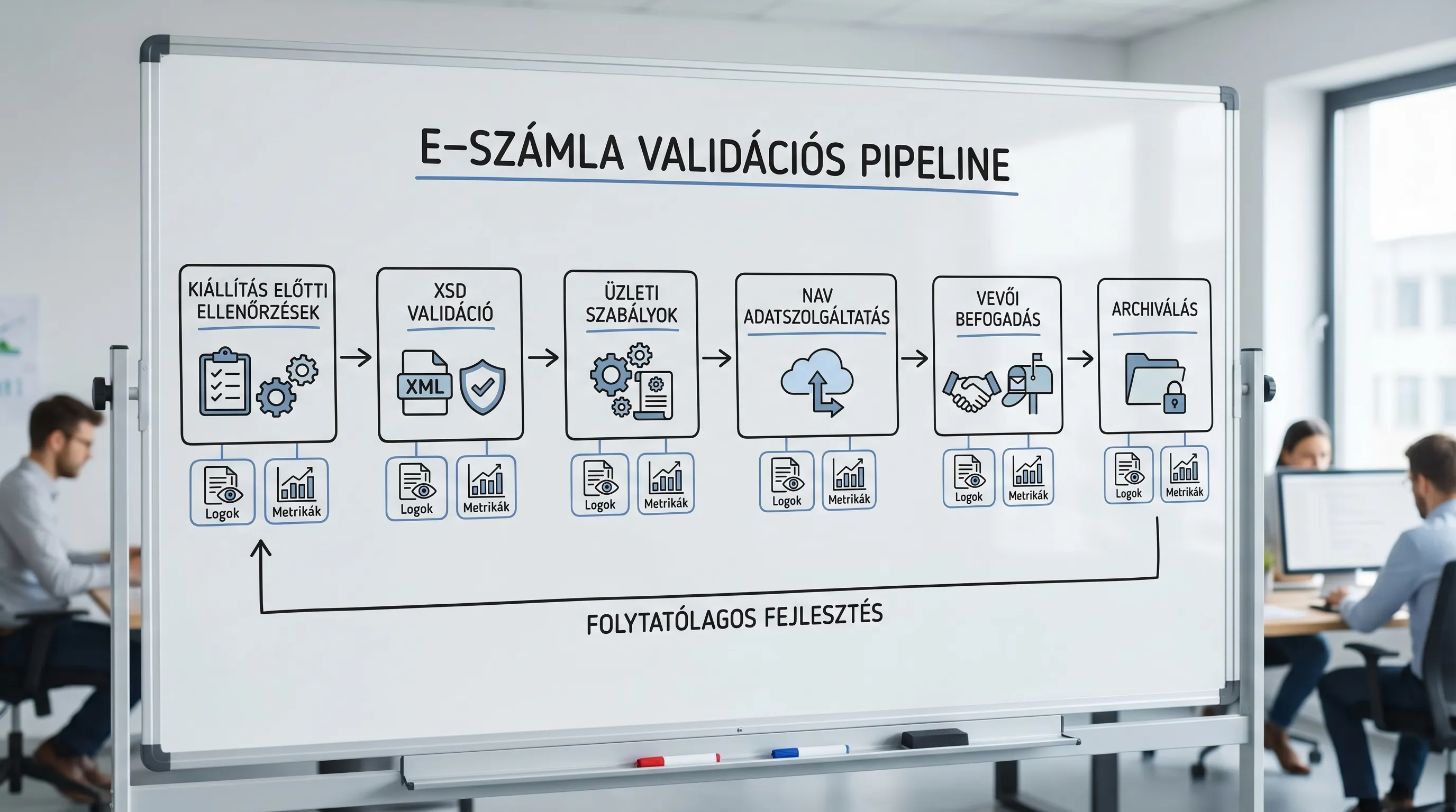 A simple flowchart of the e-invoice validation pipeline: pre-issuance checks, XSD validation, business rules, NAV data reporting, customer acceptance, archiving, and logs and metrics at every stage.