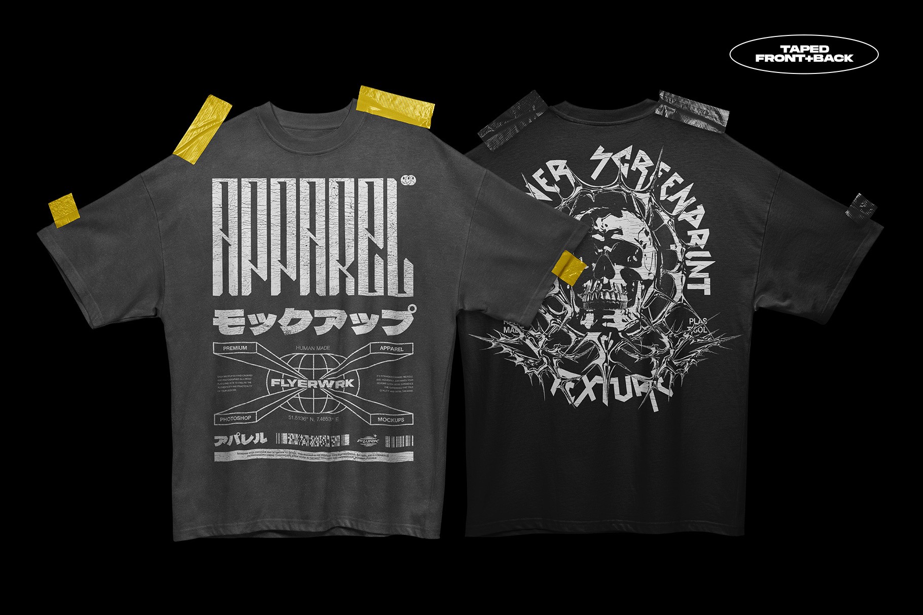 Rue Porter T-Shirt taped mockup front and back view with customizable design