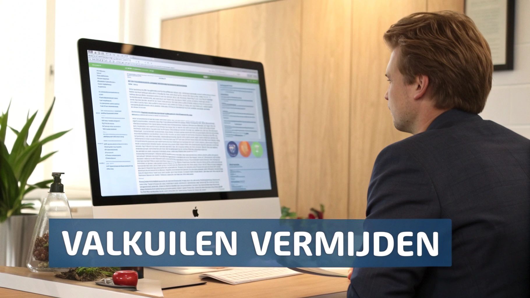 Man werkt op computer om valkuilen te vermijden tijdens digitale transformatie in modern kantoor