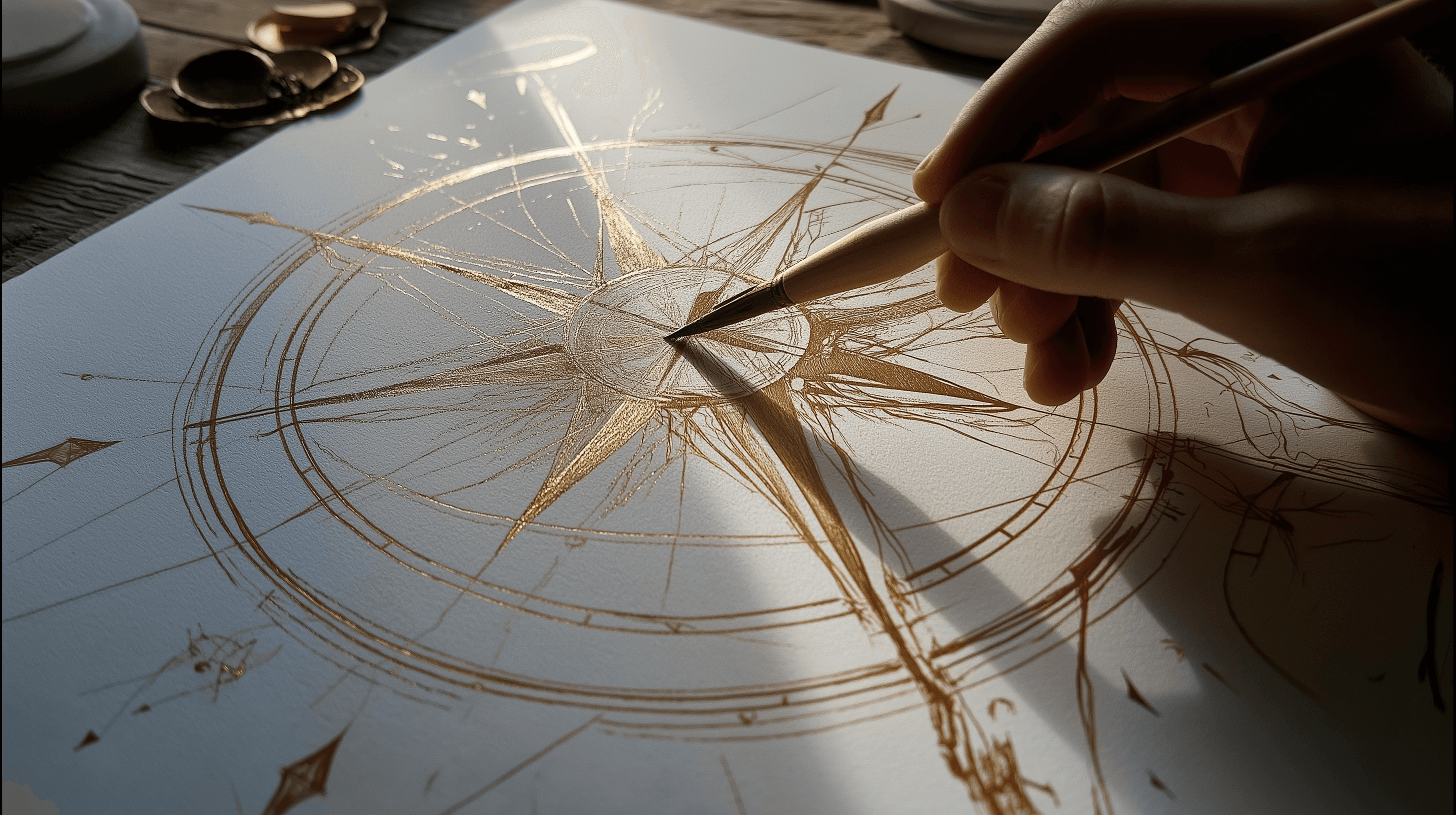 "Hand drawing of a golden compass on white parchement"