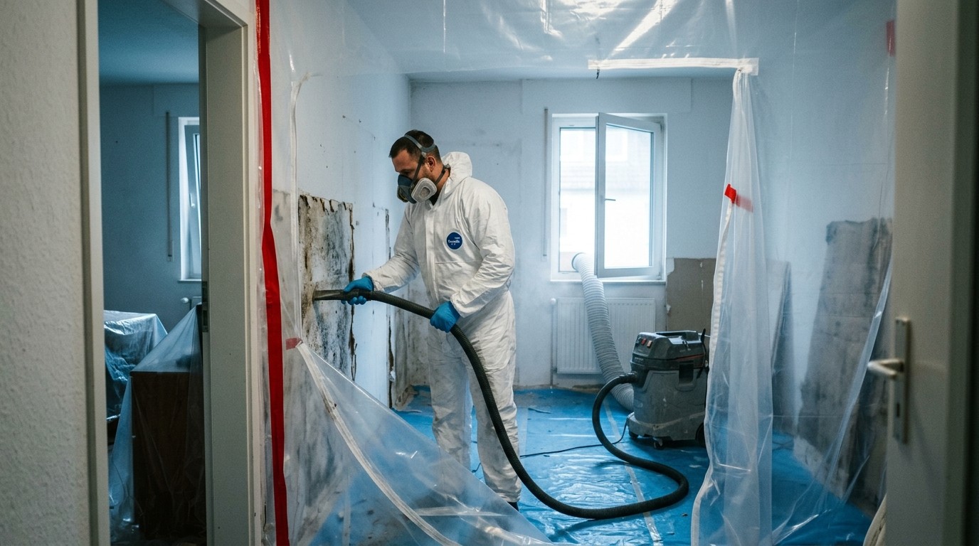Handwerker in Schutzanzug saugt befallenen Putz mit einem Industriesauger ab, der Raum ist mit Folie abgeschottet