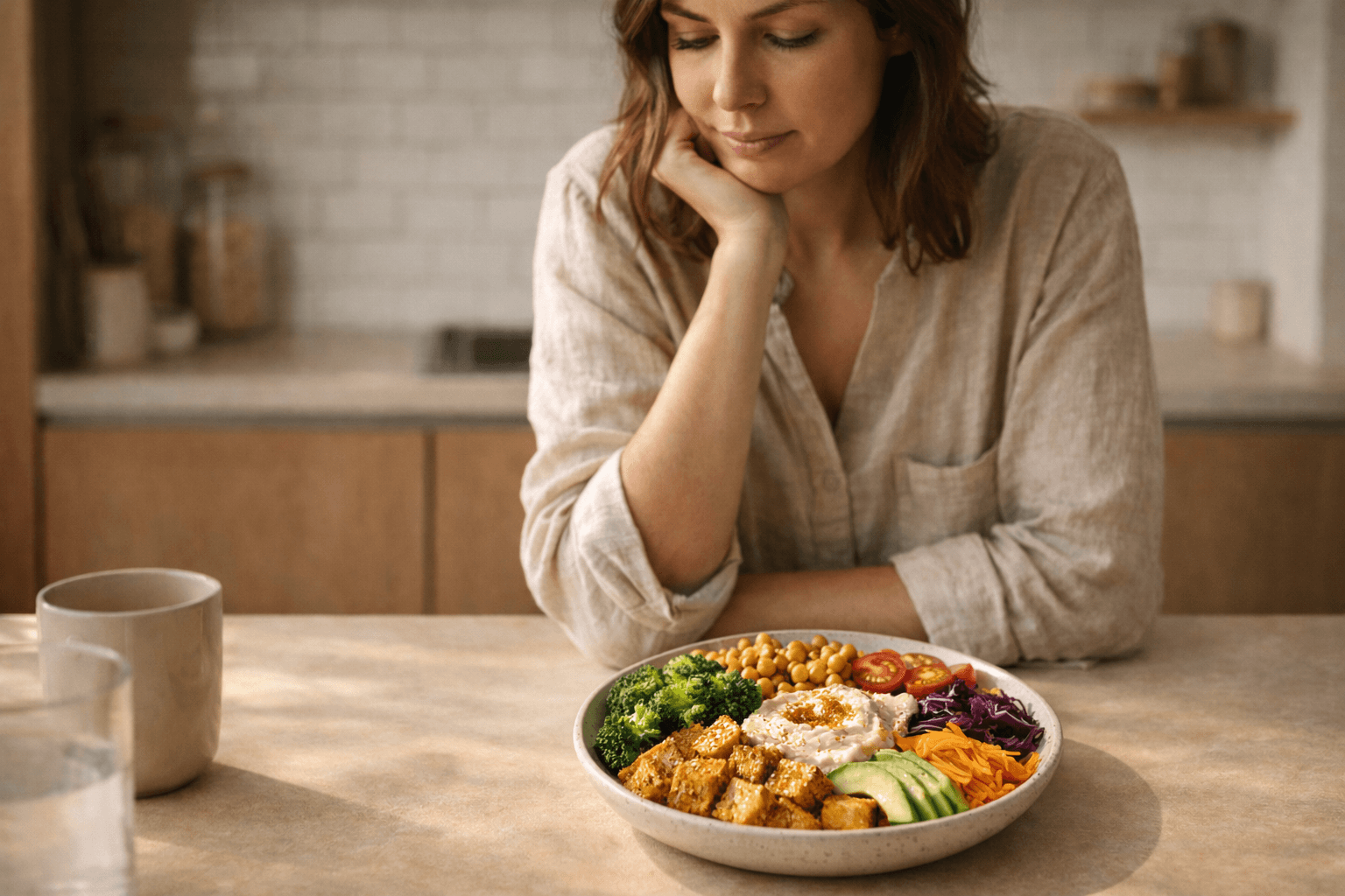 Woman considering a balanced meal without counting calories — intuitive eating approach to weight and food relationship