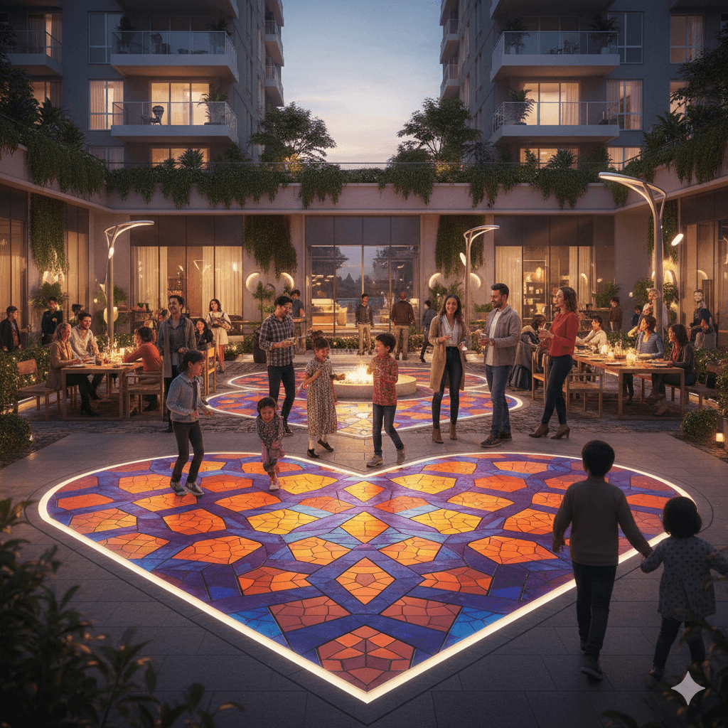 Diverse residents socializing in a colorful, modern outdoor plaza at M3M Sector 76 Gurugram.