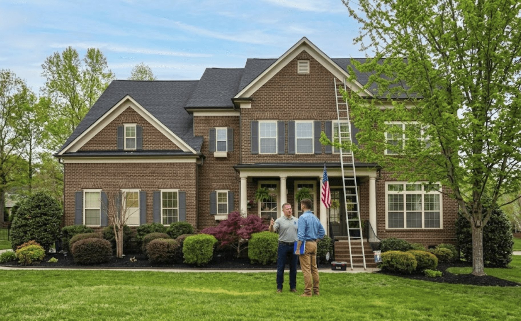 Beautiful brick home with a ladder leaning against it while an insurance adjuster and Wells Built Roofing are discussing an insurance claim in the front yard. 