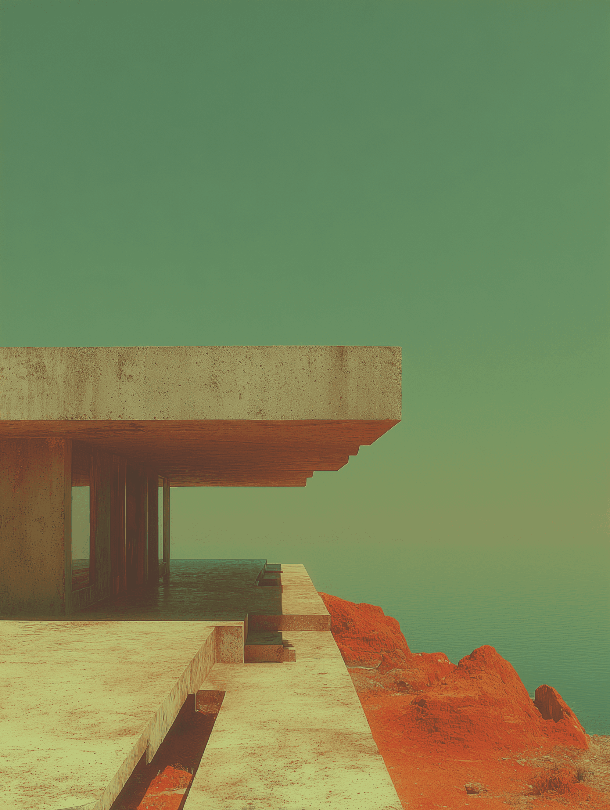 Modern cliffside building against a green sky