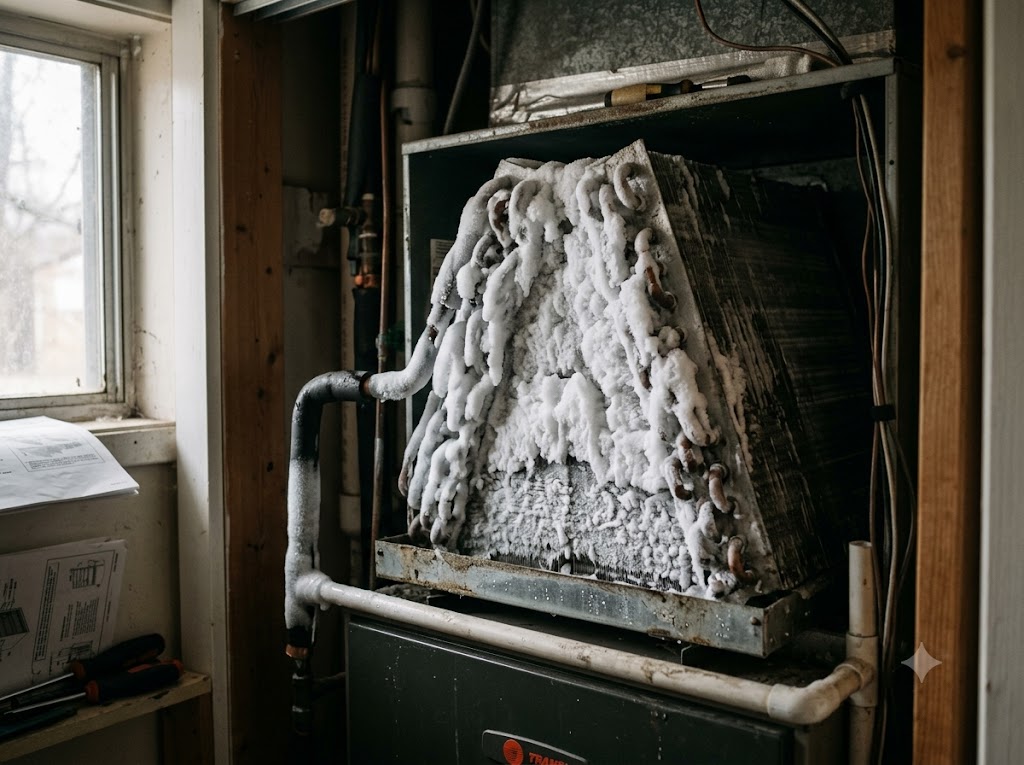 Close-up of a frozen, ice-covered air conditioner evaporator coil inside a home mechanical closet