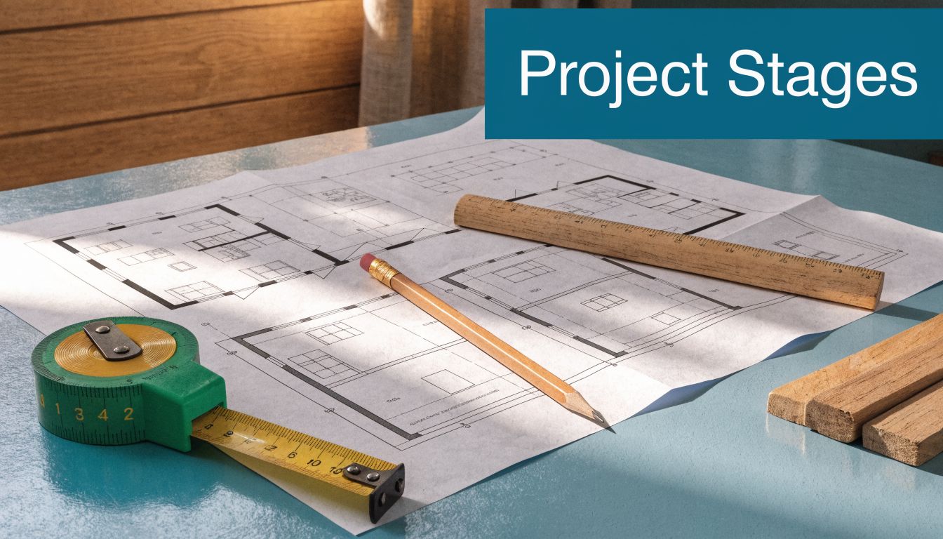 Architectural blueprints with a tape measure, pencil, and wooden ruler laid out for a home renovation project.