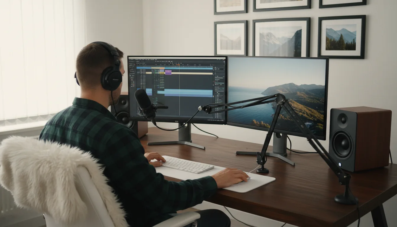 DSLR photo of a professional video editor's home studio, over-the-shoulder view. A man with a short haircut wears a green and black plaid shirt and large over-ear headphones, working at a dual-monitor setup on a dark wood desk. The left monitor displays the full Adobe Premiere Pro interface with a video timeline, and the right monitor shows a full-screen video preview. The desk is equipped with wooden-cased studio speakers, a microphone on a boom arm, a white keyboard, and a trackpad. Framed landscape photos hang on the white wall in the background. The scene is illuminated by soft, natural daylight, with a sharp focus across the entire workspace. The man sits in a modern white chair with a white faux fur throw on it.