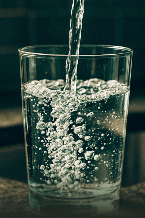 Smiling young woman with long hair standing against a dark green background, holding a finger to her chin.