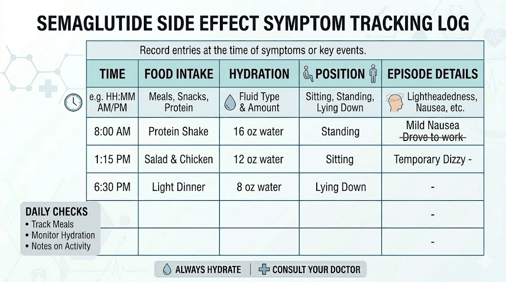 Semaglutide lightheadedness symptom tracking log template