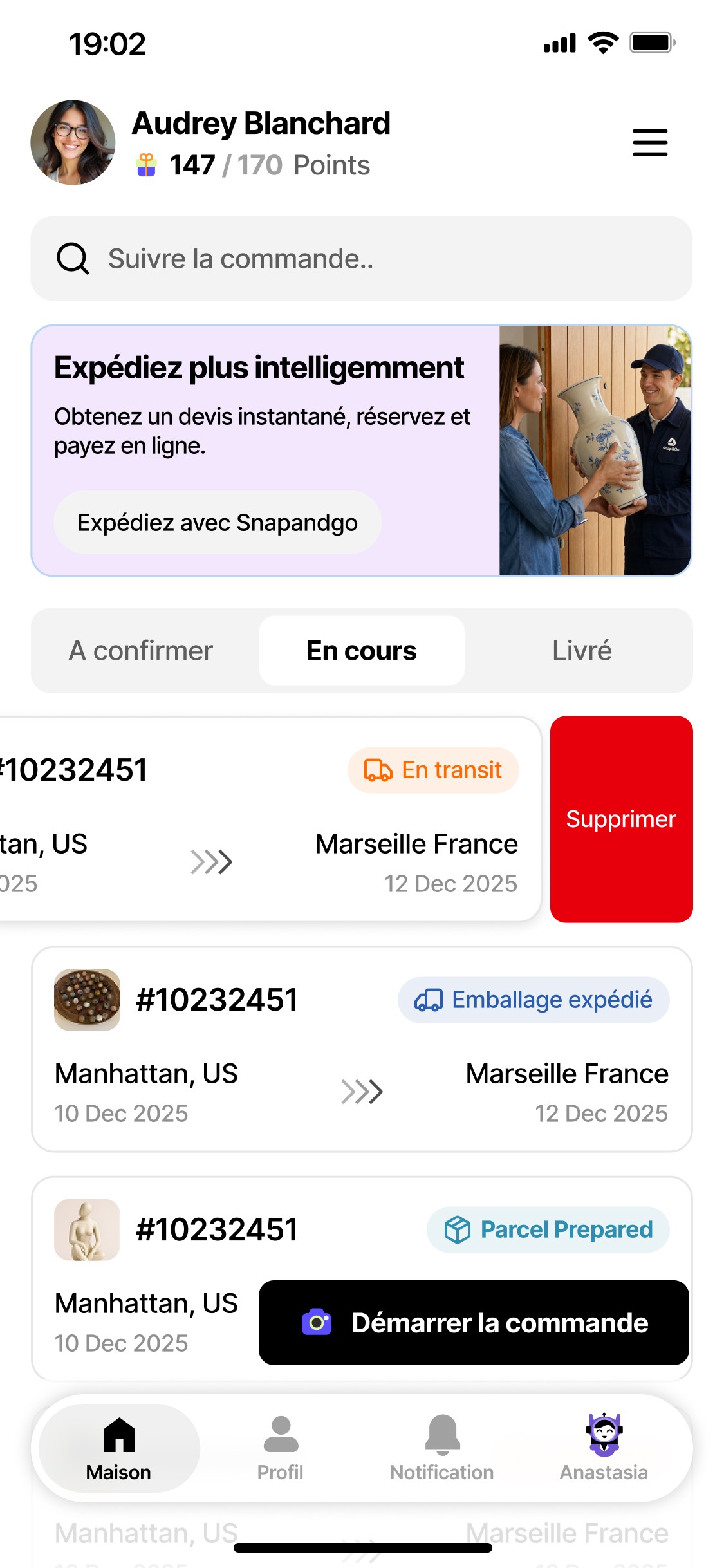homepage screen of snapandgo with orders