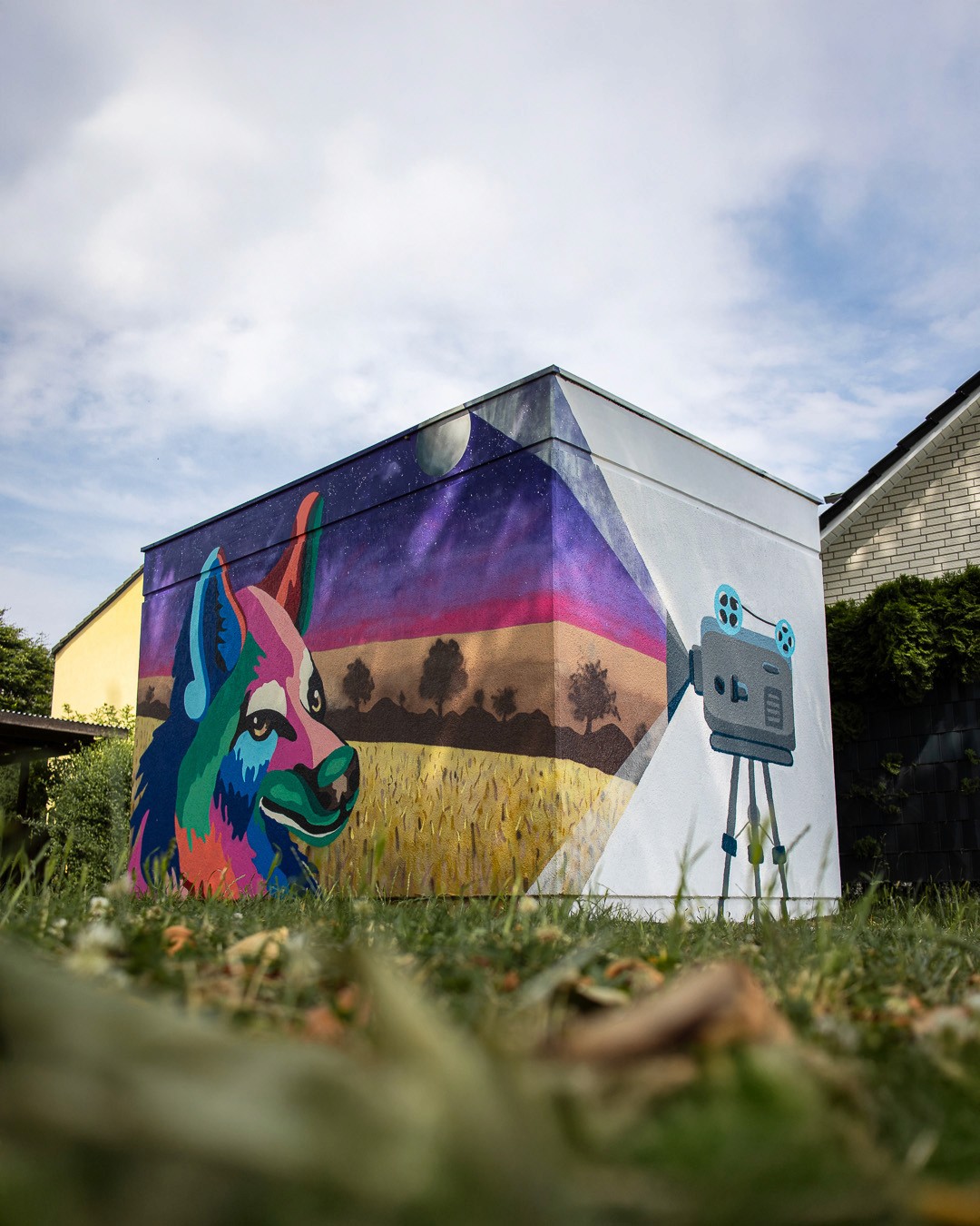 Colorful abstract fox in a field // Urban art graffiti on electrical boxfox