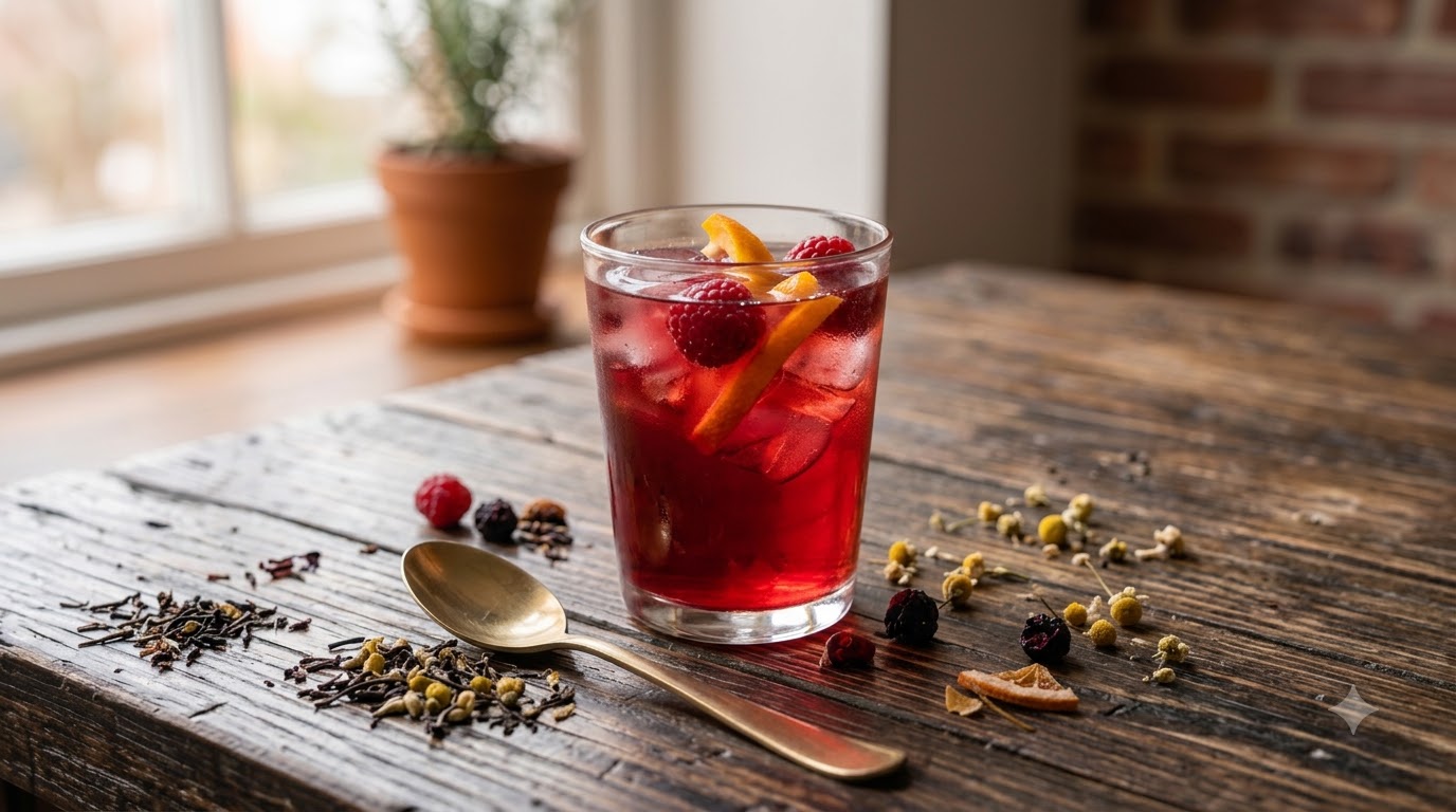 Ruby-red hibiscus berry iced tea with raspberries and citrus