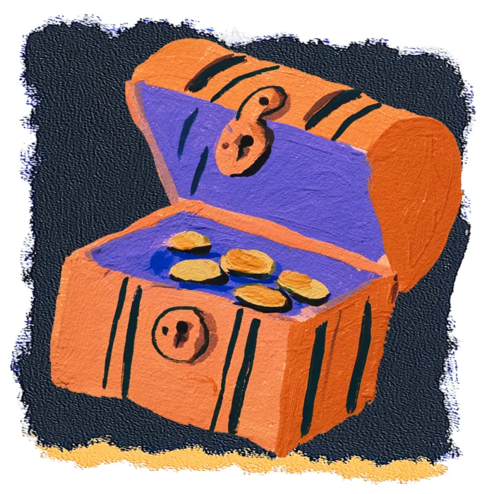 An open treasure chest of gold coins surrounded by floating gemstones, illustrating Floating Castle's free audit offer
