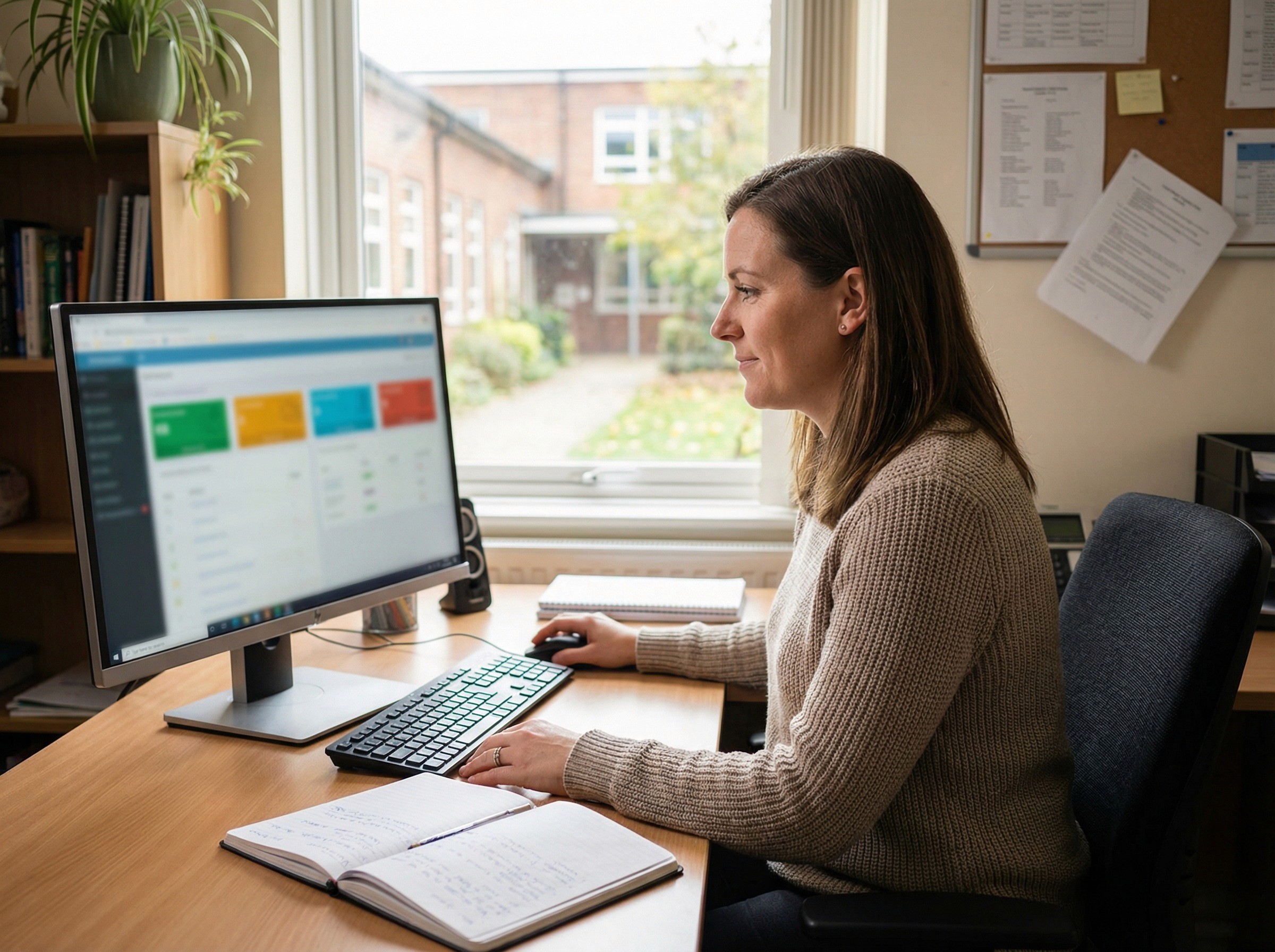 A woman sits in an offie in front of her computer, with a dashboard pictured on screen. She appears comfortable