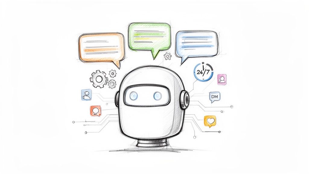 A colorful sketch of a chatbot head surrounded by speech bubbles, social media, and communication icons.