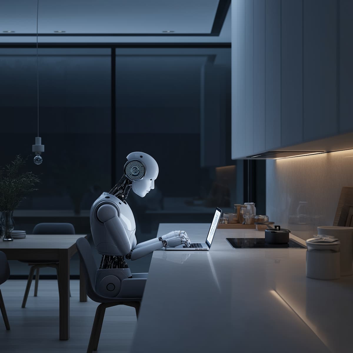 Futuristic Robot at Home, it is using the laptop