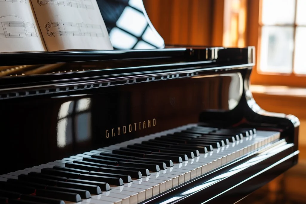 Nahaufnahme Flügeltasten mit Notenblatt – Musikinstrumentenversicherung für Pianisten