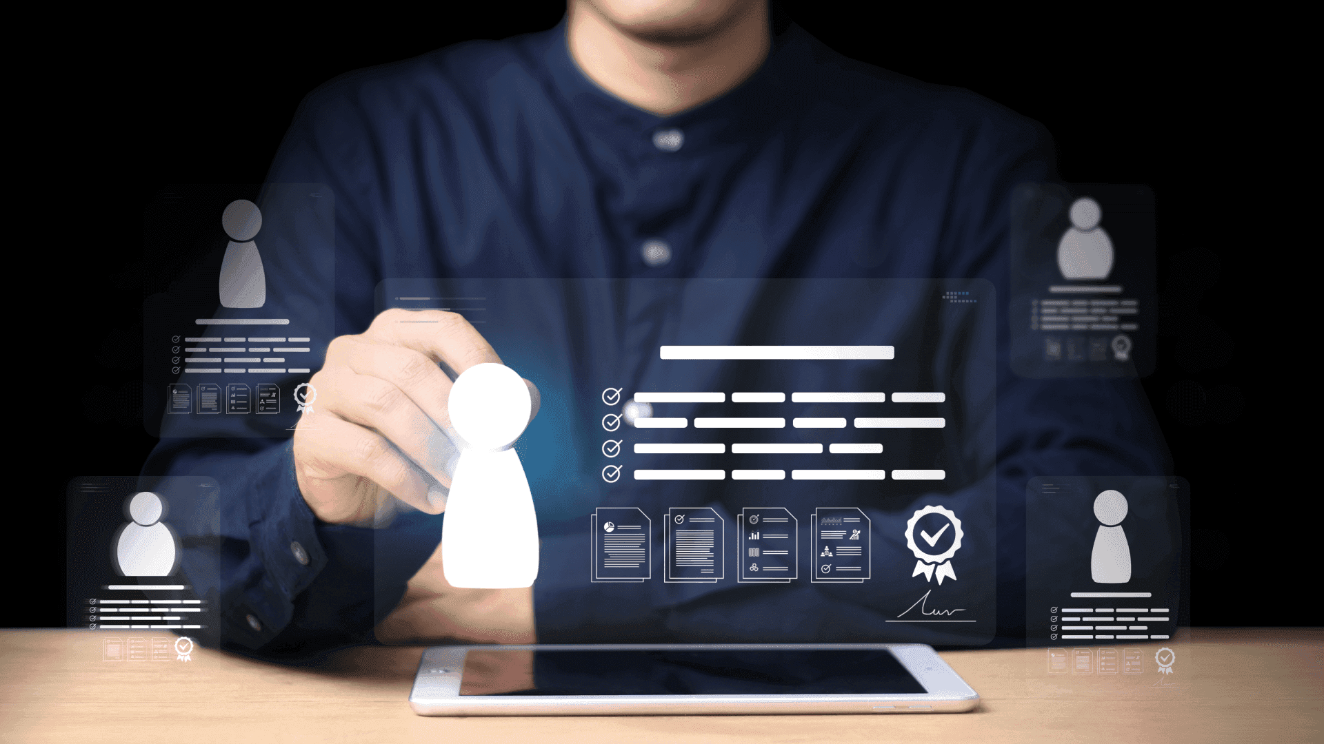 Compliance officer reviewing digital customer identity profiles on a tablet, illustrating the challenges of name screening across multiple scripts and languages in modern AML environments.