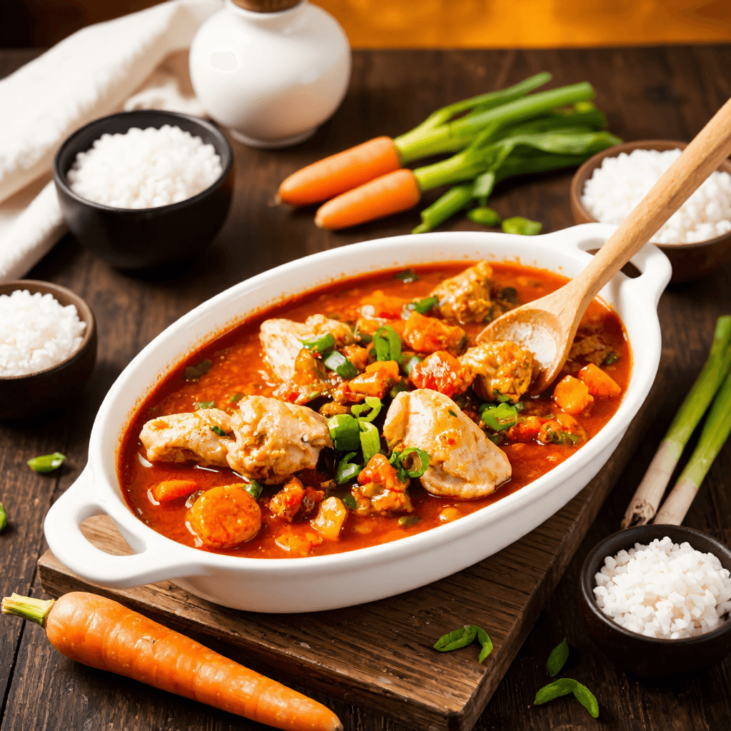 product photography of a dish of spicy chicken stew with vegetables