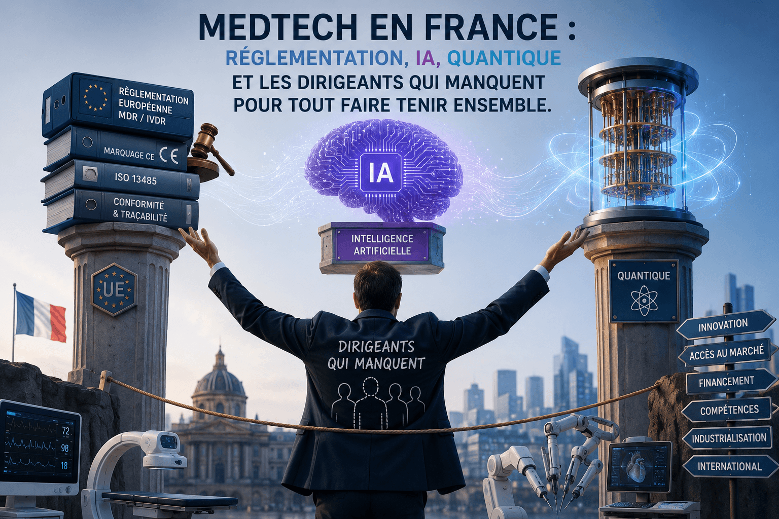 Illustration éditoriale représentant les défis de la medtech française : un dirigeant équilibre réglementation, intelligence artificielle et technologies quantiques dans un environnement d’innovation en santé.