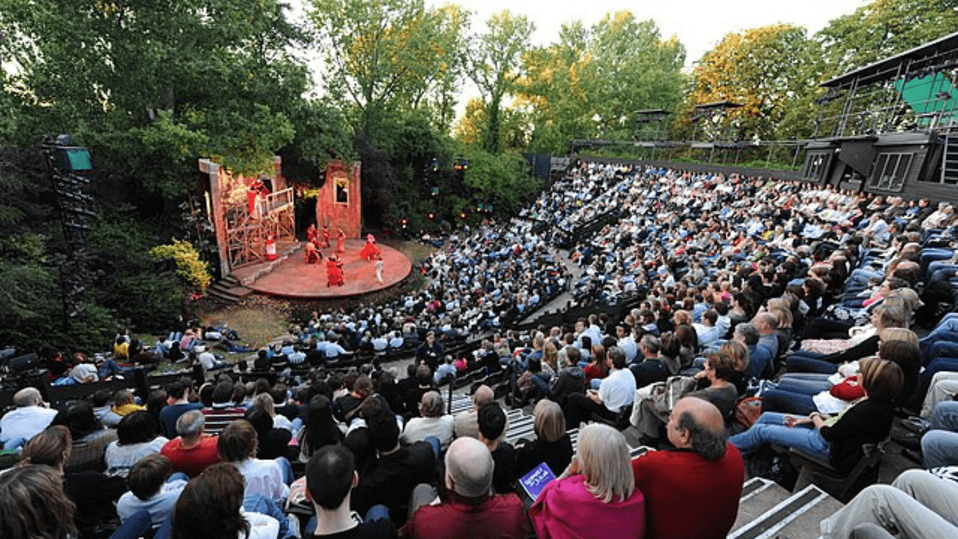 View of the stage from sitting in the audience  of Regent's Park open Air Theatre