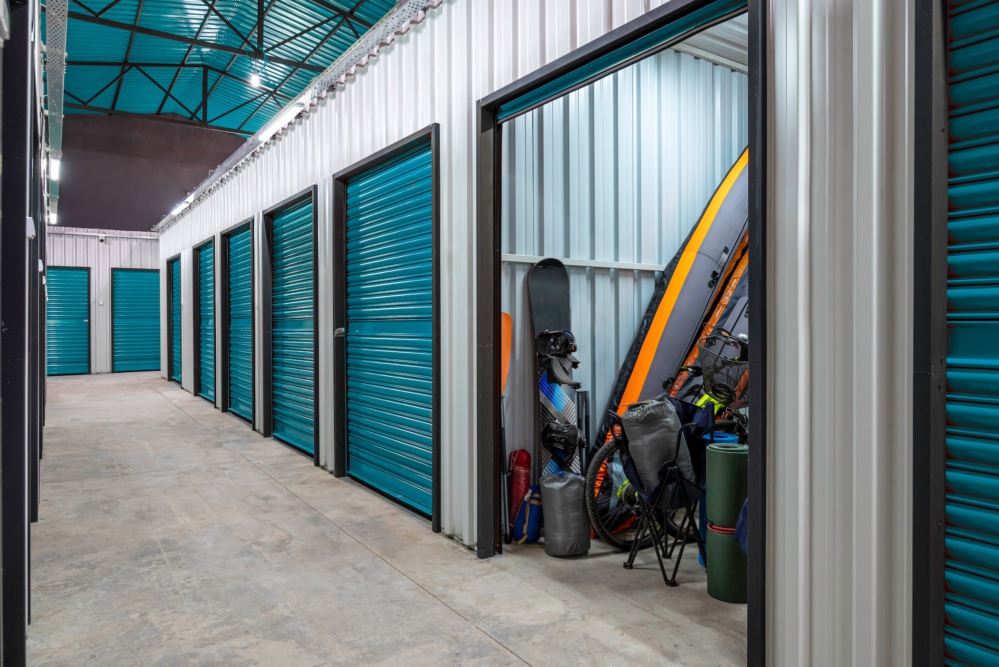 Self-storage units in a hallway